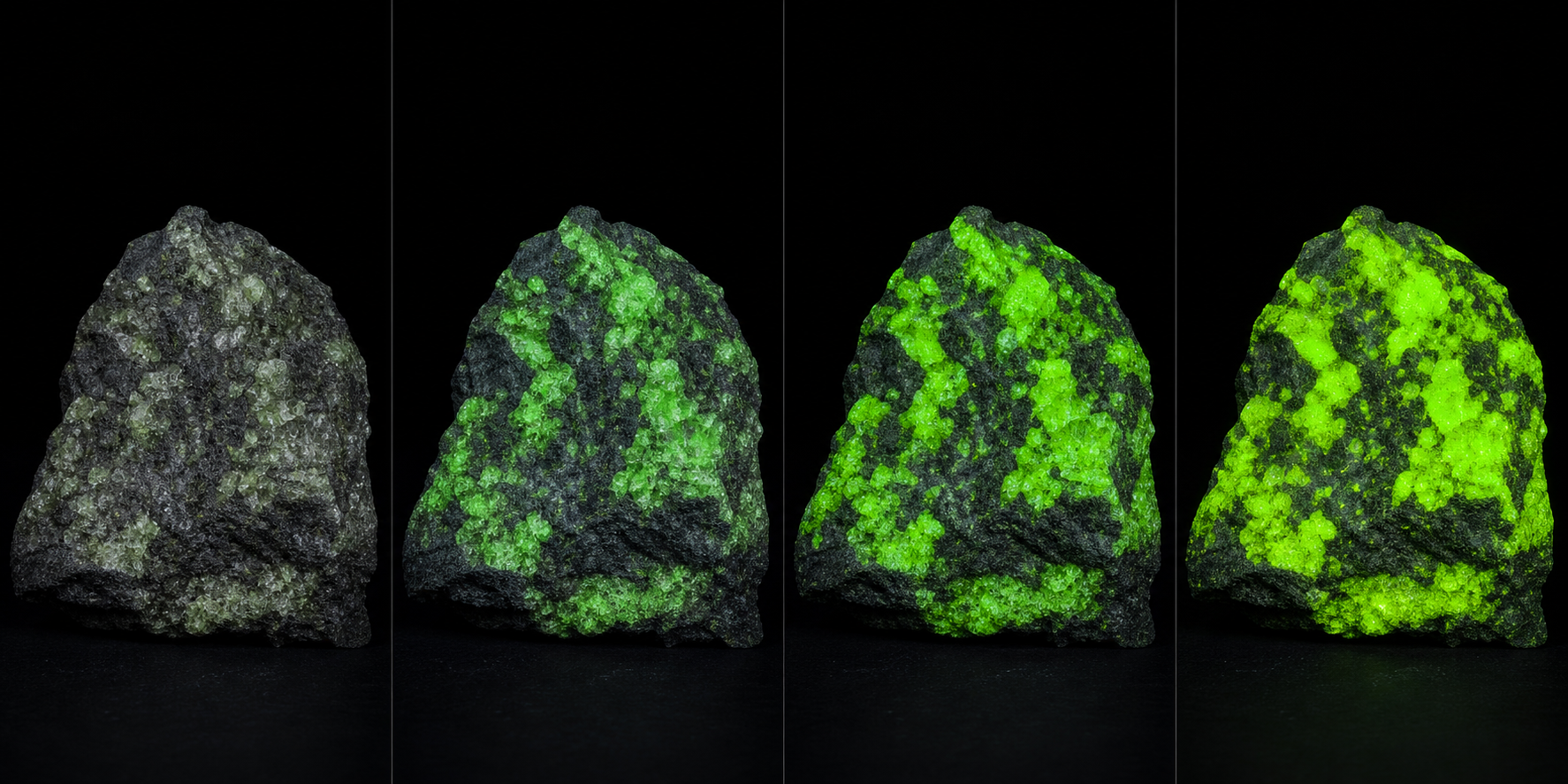 Illustrative four-panel comparison of the same willemite specimen under 365, 310, 275 and 254 nanometre ultraviolet excitation